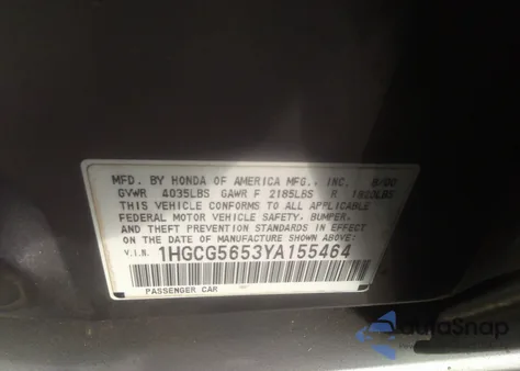 2026 Honda Accord Ex from USA, damaged, VIN 1HGCG5653YA155464